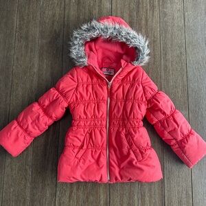 Girls Bright Coral Hooded Puffer Jacket